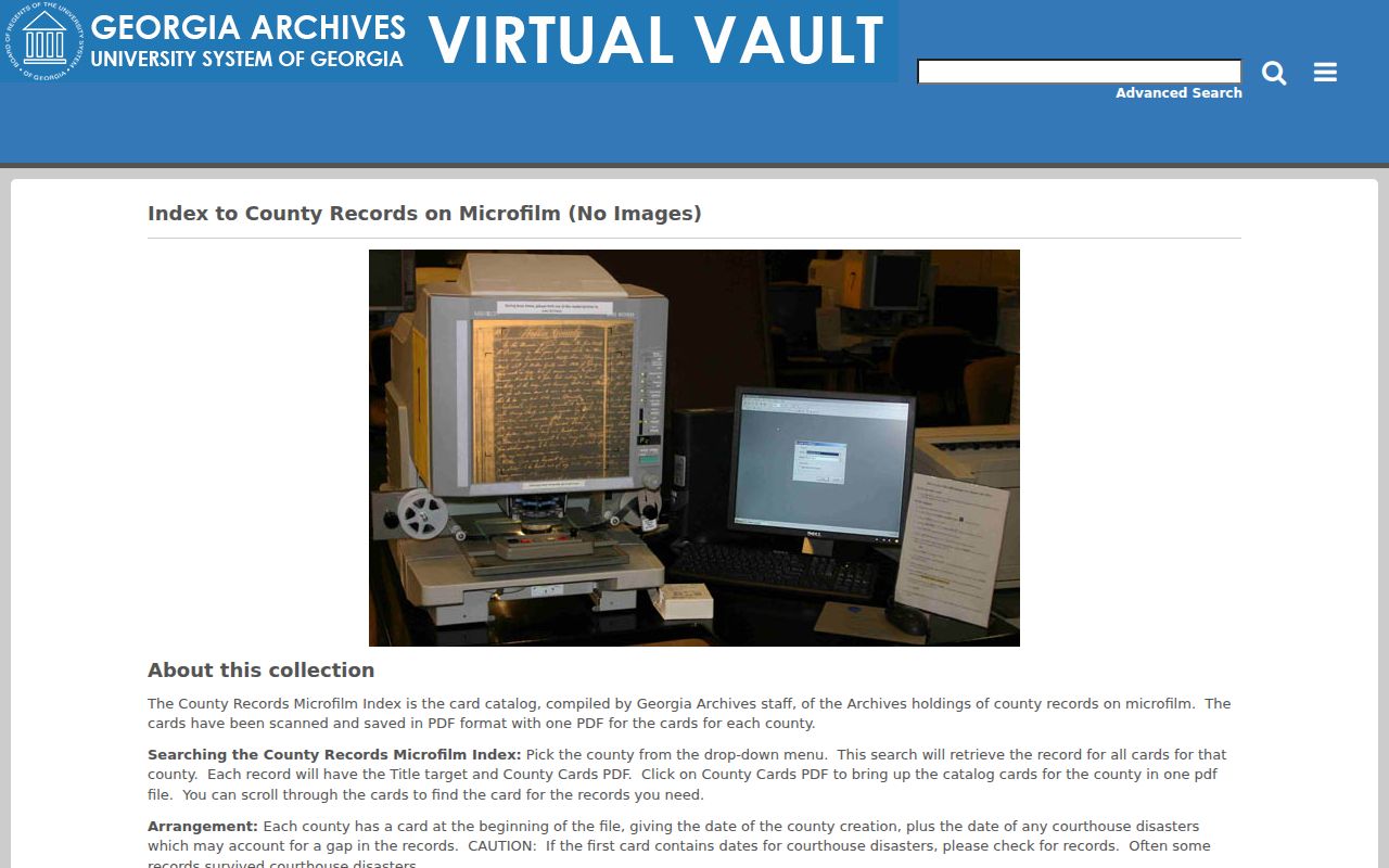 Georgia Archives county microfilm card catalog for Spalding research