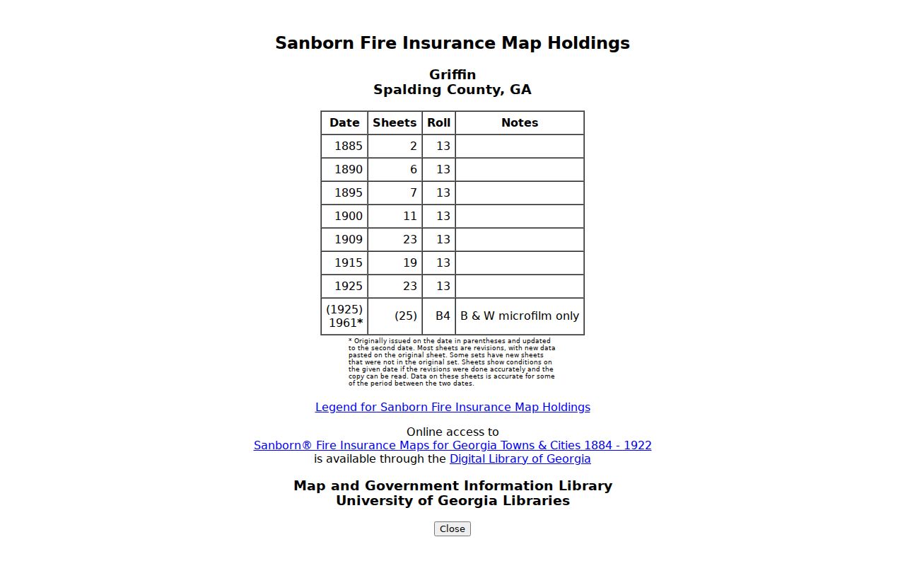 UGA Libraries list of Griffin Sanborn fire insurance map years