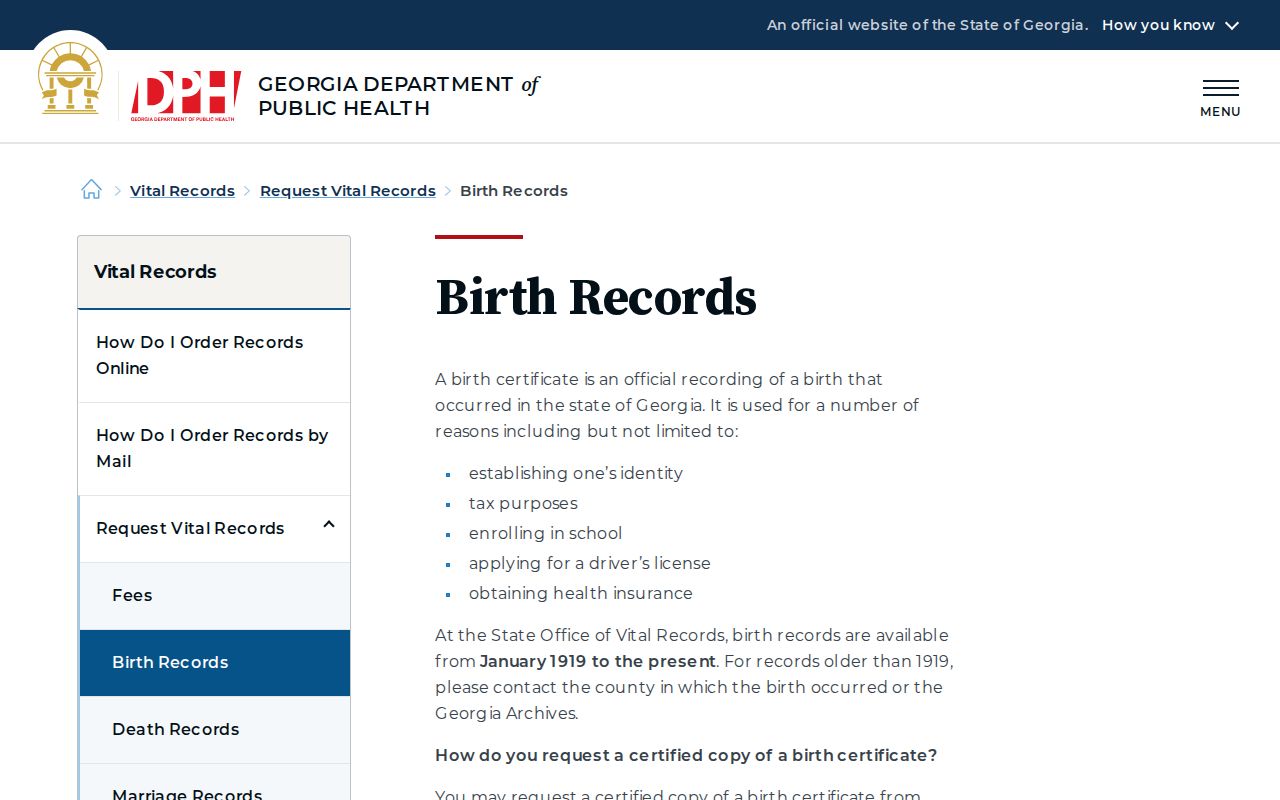 Georgia birth record application information for Griffin family research