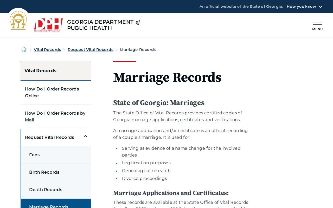 Georgia DPH marriage record request page used for a Griffin resident lookup