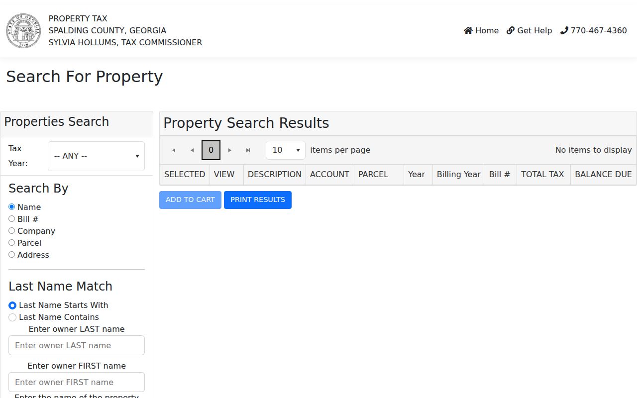 Spalding County property-tax search with address and parcel search modes